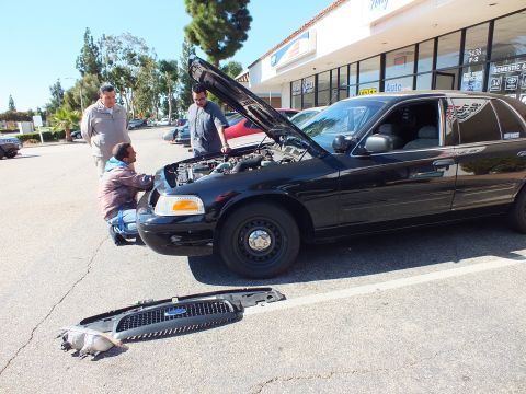 2003 Ford Crown Victoria - Front-end repair on a black Crown Victoria; grille and bumper cover sit on the lot while three men inspect the engine