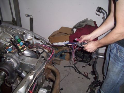 1995 Ford Probe - Close-up of a complex car wiring harness being worked on in an engine bay.