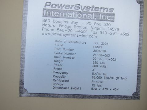 1991 Ford LTD Crown Victoria - PowerSystems International Inc. equipment data nameplate listing serial number, power, capacity and refrigerant specifications.