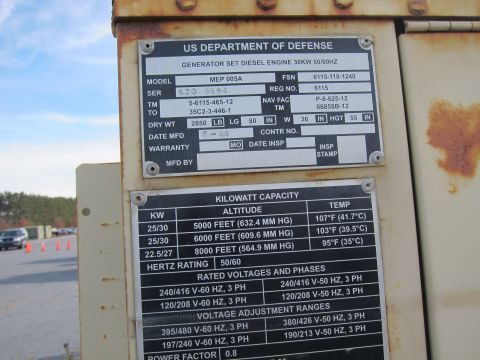 1991 Ford LTD Crown Victoria - DoD generator data/spec plate listing model MEP-005A ratings, kilowatt capacity by altitude, voltages, and phases.