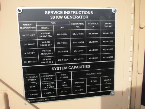 1991 Ford LTD Crown Victoria - Generator service-instructions plate listing approved fuels, lubricating/hydraulic oils, coolant, and system fluid capacities.