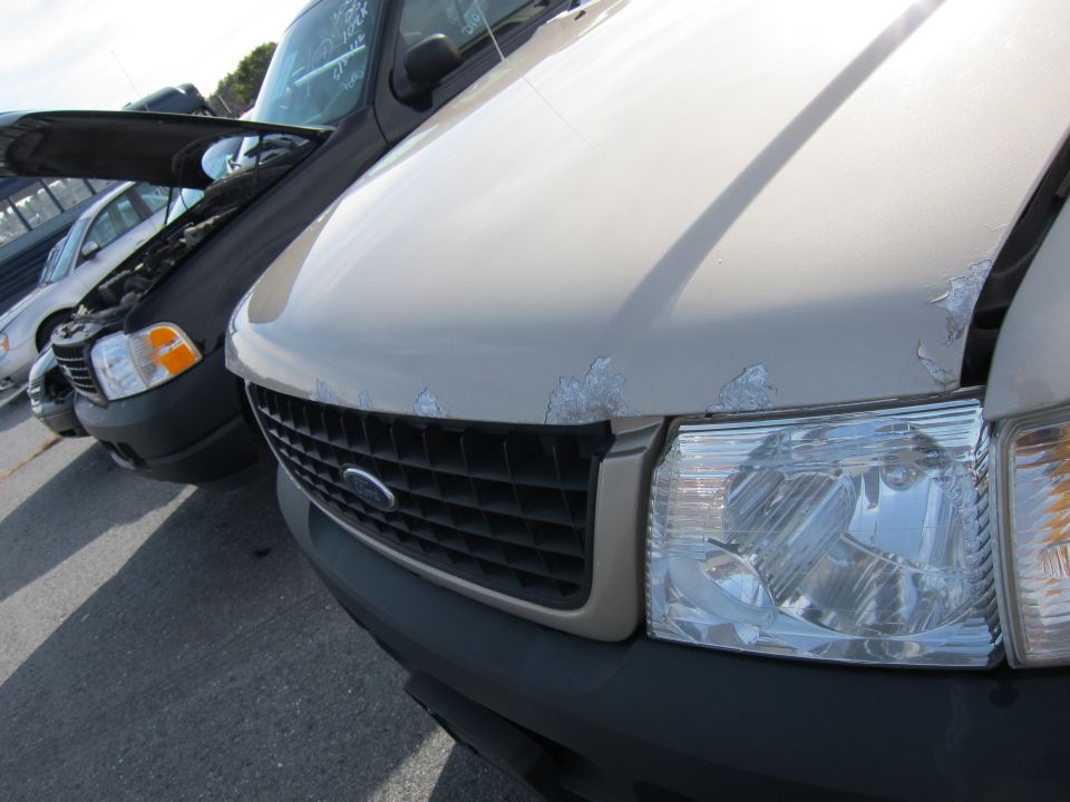 Tan Ford Explorer front grille and headlight, with a black Ford Explorer with hood open behind it