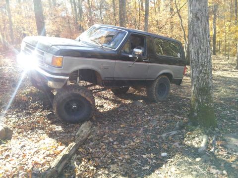 1986 Ford Bronco - This lifted Ford Bronco is navigating rough terrain in a forest during autumn.
