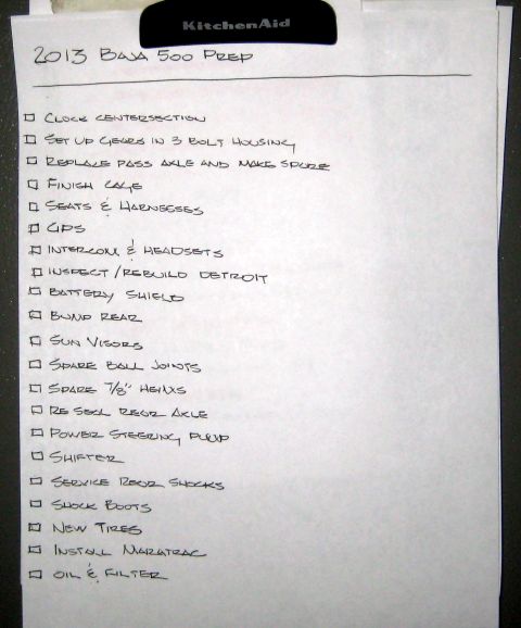 1996 Ford Bronco - Checklist for 2013 Baja 500 prep includes items like new tires and oil filter.