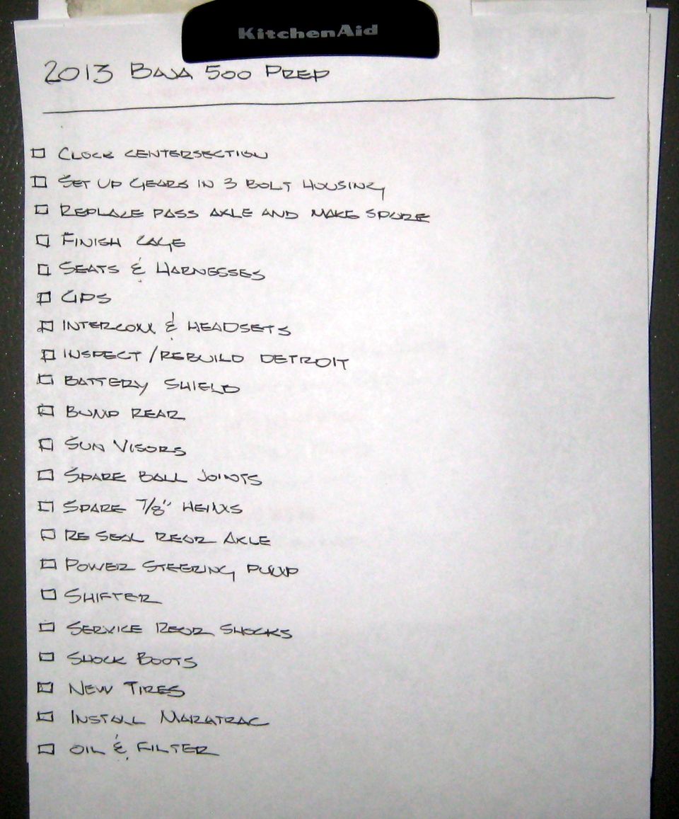 Checklist titled 2013 Baja 500 Prep