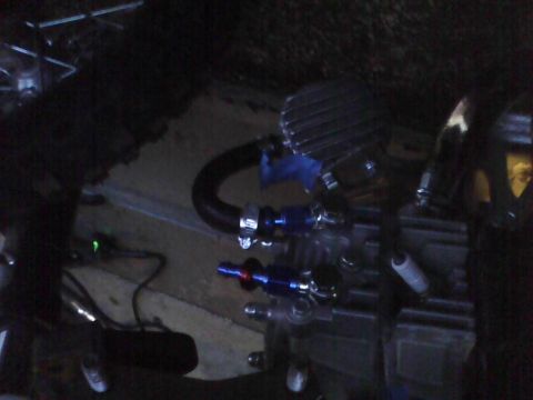 2003 Ford Crown Victoria - Detail shot of engine parts with blue fittings and a black hose.