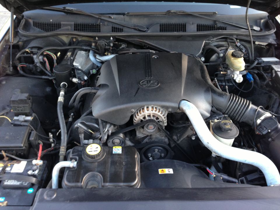 2001 Ford Crown Victoria engine bay with V8 engine cover and various hoses and components