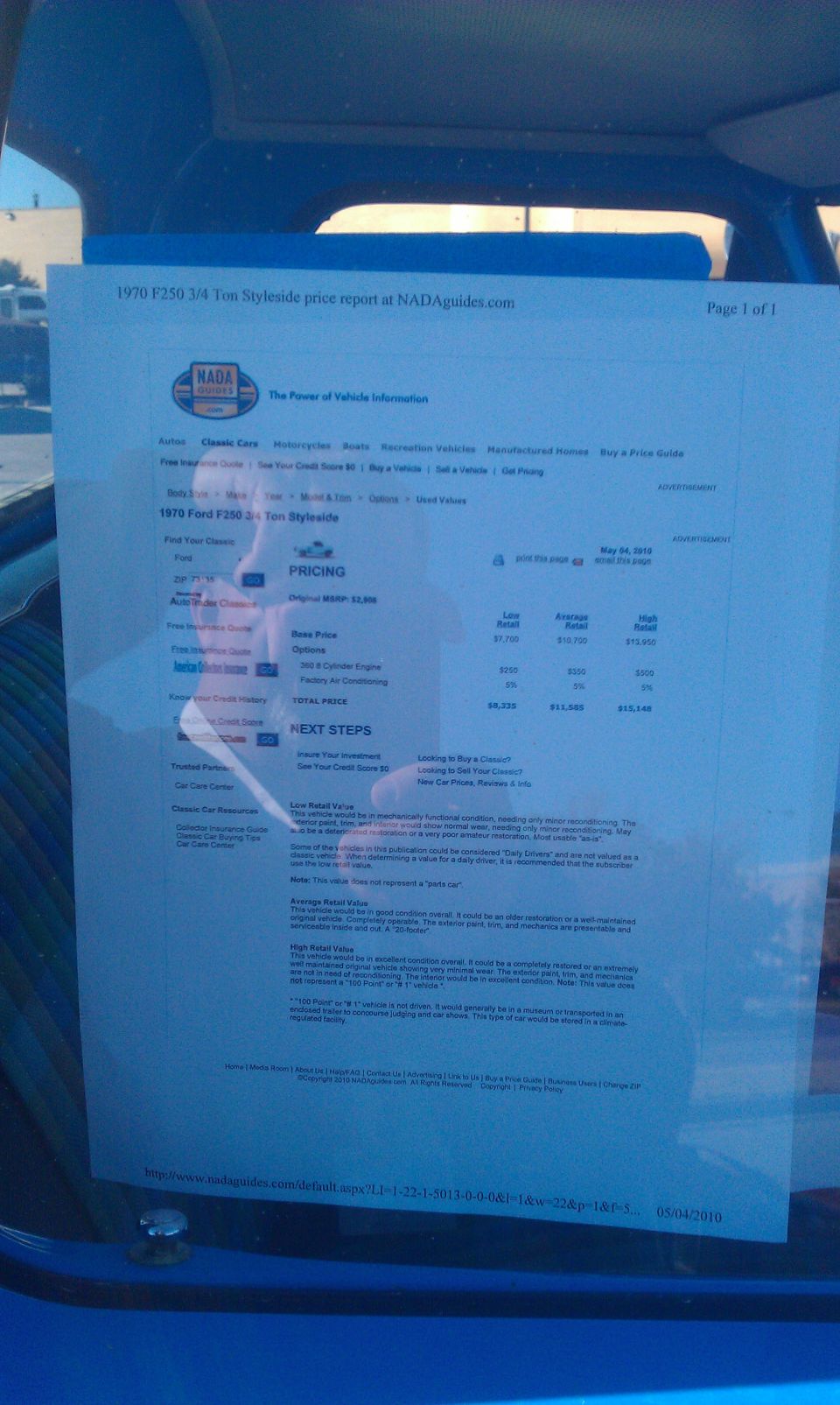 Price report for 1970 Ford F250 Styleside inside blue vehicle