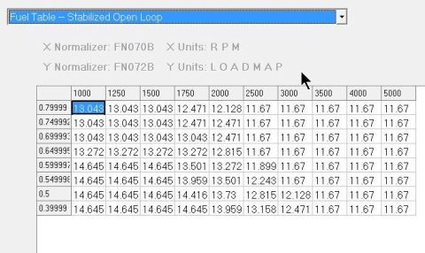 1993 Ford F-150 - This screenshot displays a fuel table with normalized values for RPM and Load Map.