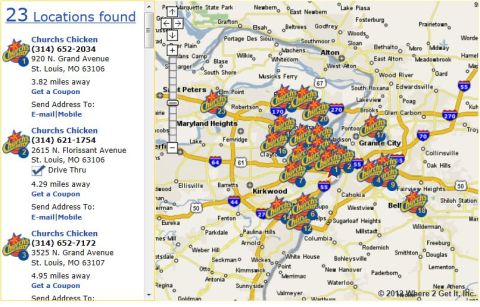 1971 Ford Ranchero - A map displays numerous Churches Chicken restaurants across the St. Louis metropolitan area, indicating their locations and distances.