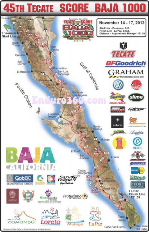 2004 Ford F-150 - The 45th Tecate Score Baja 1000 race map details the route through Baja California, Mexico, with numerous sponsor logos.