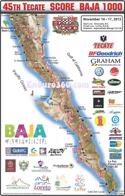 Map of the 45th Tecate Score Baja 1000 race route in Baja California, showing cities, start/finish lines, and sponsor logos