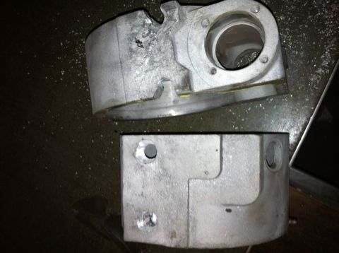1991 Ford F-250 - Machined aluminum engine block components are shown, likely for repair or modification.