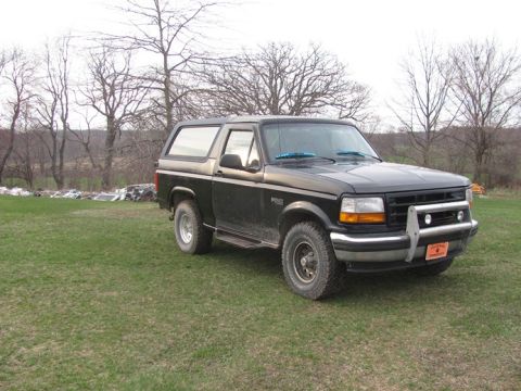 1996 Ford Bronco - A black Ford Bronco is parked on a grassy field with bare trees in the background.