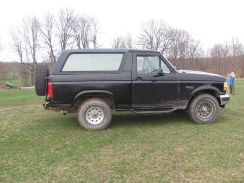 1996 Ford Bronco - A black Ford Bronco is shown from the side, parked on a grassy field with trees in the background.