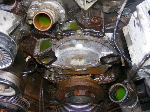 Engine water pump assembly with green coolant visible in hoses and around the pump housing. Pulleys and belts are also visible