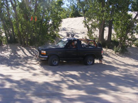 1996 Ford Bronco - 1996 Ford Bronco navigating sandy terrain with trees and dunes in the background.