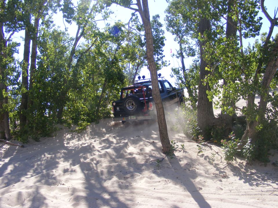 Off-road vehicle climbing a sandy hill with trees around