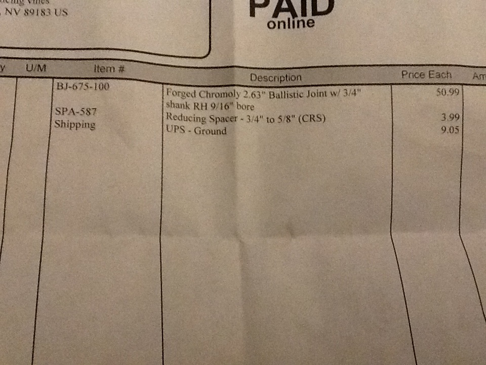 Receipt showing a forged chromoly ballistic joint, reducing spacer, and shipping costs