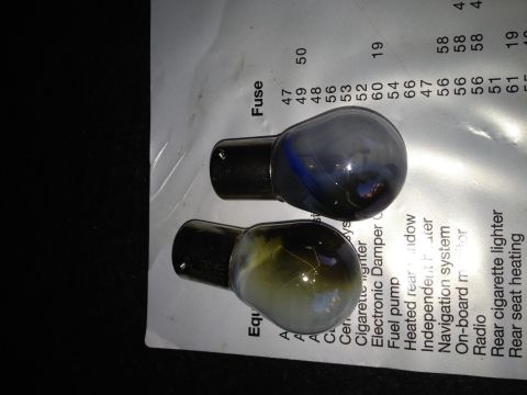 1999 BMW 5 Series - A close-up of two automotive light bulbs placed on a document detailing fuse assignments for vehicle components.