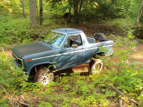 1985 Ford Bronco - A blue Ford Bronco with a lifted suspension is partially obscured by foliage in a wooded area.