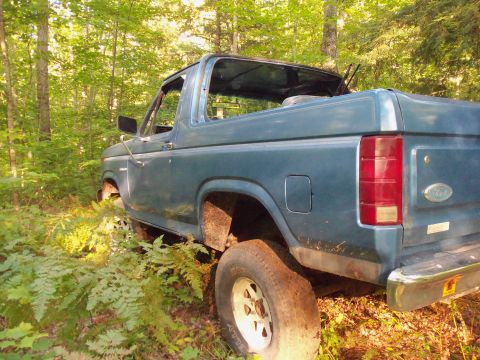1985 Ford Bronco - Abandoned 1985 Ford Bronco sits in a wooded area, showing its side and rear.