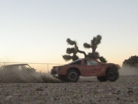 1996 Ford Bronco - Two remote control cars race on a dusty track with a Joshua tree in the background.