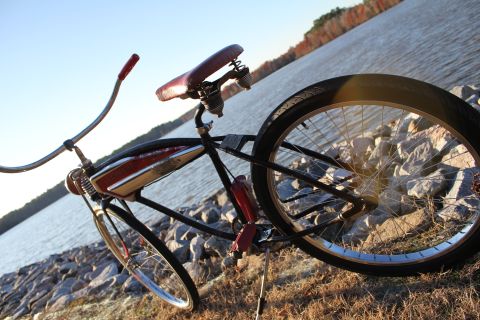 1994 Ford Bronco - A vintage-style bicycle rests on a rocky shore, with calm water and trees in the background under a clear sky.