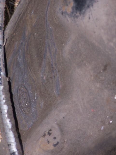 1990 Ford Bronco - A dusty Ford emblem is visible on a vehicle part, with some faint lines etched into the surface.