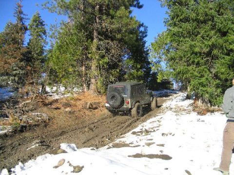 1988 Ford Bronco - A dark Jeep Wrangler struggles through a muddy and snowy path surrounded by trees.