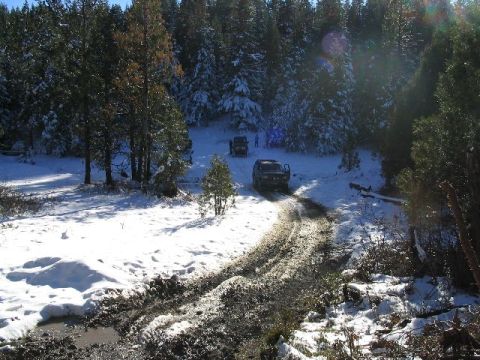 1988 Ford Bronco - Multiple SUVs navigate a challenging muddy and snowy path in a wooded area.