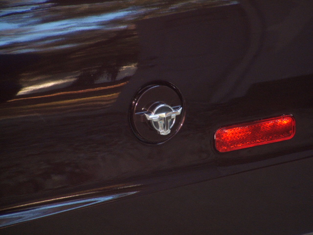Dark car emblem with a bull-like figure and a red rectangular taillight