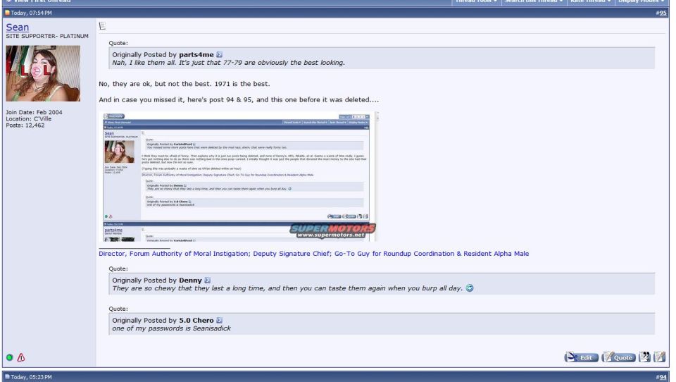 Screenshot of a SuperMotors forum thread discussing vehicles, with user comments and embedded images