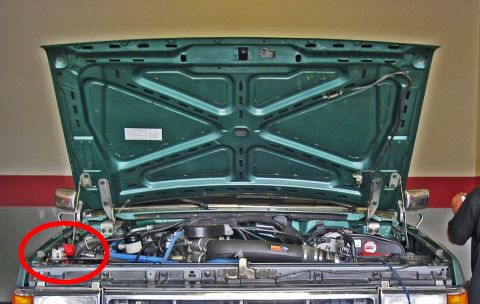 1990 Ford Bronco - The engine compartment of a green vehicle is visible with the hood raised, revealing the engine and various parts.