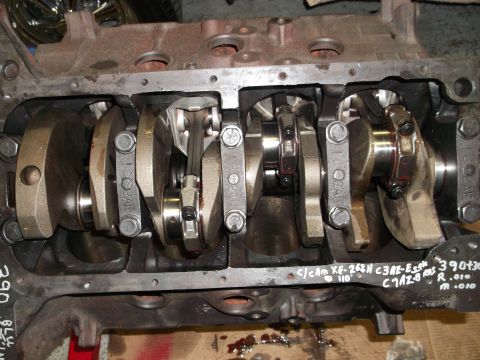 1969 Ford Torino - Close-up view of an engine block's internal components, including the crankshaft and connecting rods.