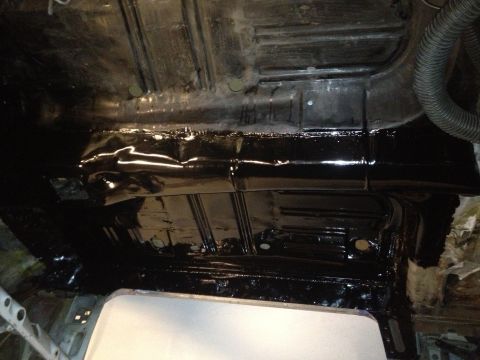 1965 Ford Mustang - POR15 on floor pan, 65 Mustang. Pass side done about 3 months ago (faded side). Both sides painted with semi-gloss.