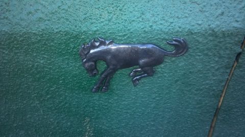 1986 Ford Bronco - A close-up of a bronco emblem is visible on a green surface.