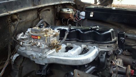 1978 Ford Bronco - Close-up of a Ford 300 inline-six engine, an Edelbrock carburetor and intake manifold.