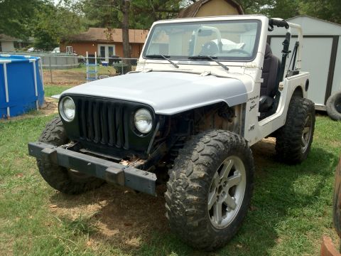 2000 Jeep TJ - A white Jeep Wrangler with a gray hood and black grille sits in a grassy yard.