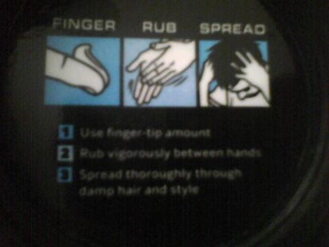 2003 Ford Crown Victoria - Instructions show how to use a hair product by applying a finger-tip amount, rubbing it between hands, and spreading it through damp hair.