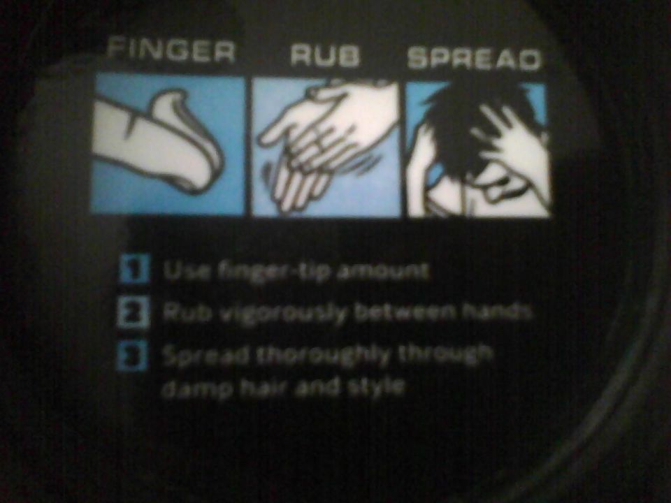 Instructions for hair product: use finger-tip amount, rub vigorously, spread through hair