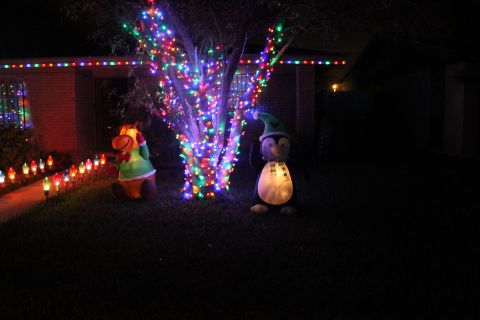 1990 Ford Bronco - Outdoor Christmas decorations include a tree wrapped in lights and inflatable figures on the lawn.