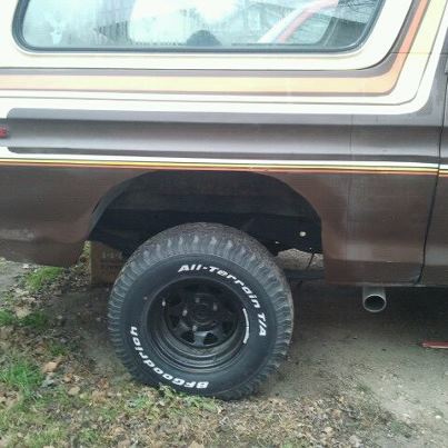 1979 Ford Bronco - Rear view of a 1978 Ford Bronco, highlighting its distinctive side stripes and off-road tire.