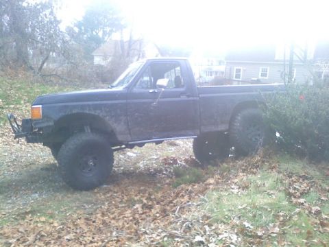 1994 Ford F-150 - Side view of a lifted pickup truck with oversized tires, parked outdoors on a patch of dry leaves and grass.