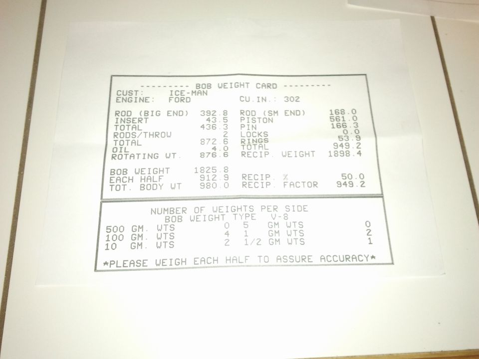 Bob Weight Card for Ford engine with part weights and calculations