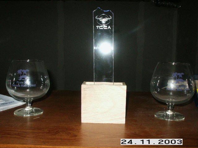 Trophy with TCCA logo and two glasses with 'Prom 2002 Nevada High School' text
