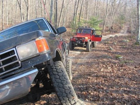 1994 Ford F-150 - Two off-road vehicles navigate a wooded trail with fallen leaves on the ground.