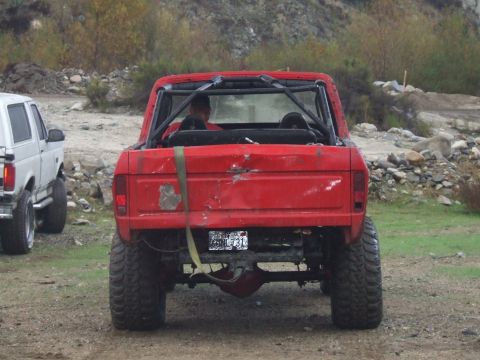 1978 Ford Bronco - Modified red 1978 Ford Bronco seen from the rear, parked next to a white SUV in an outdoor setting.