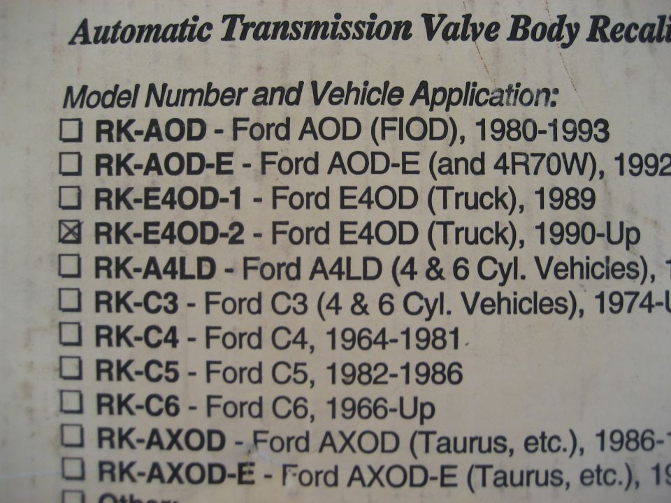 List of automatic transmission models and vehicle applications, with RK-E4OD-2 (Ford E4OD, Truck, 1990-Up) checked