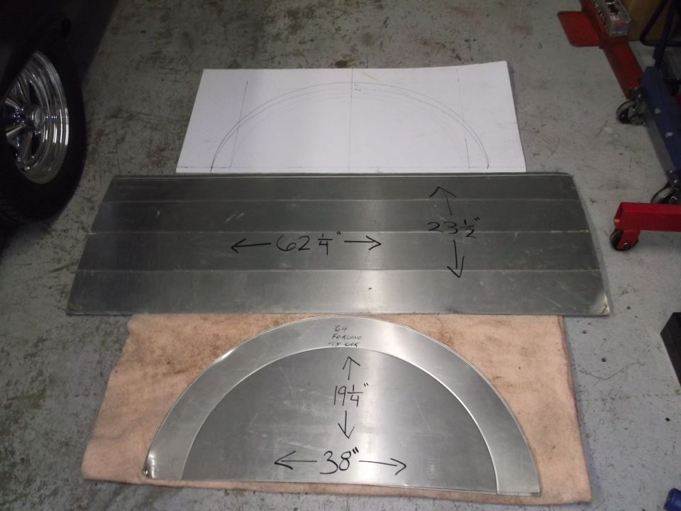 Metal templates and sheet metal for fabrication, with measurements marked